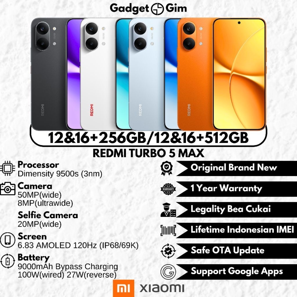 Redmi Turbo 5 Max 5G 16GB 512GB Dimensity 9500s 120Hz 9000mAh 100W IP68/69K BNIB Bergaransi Original