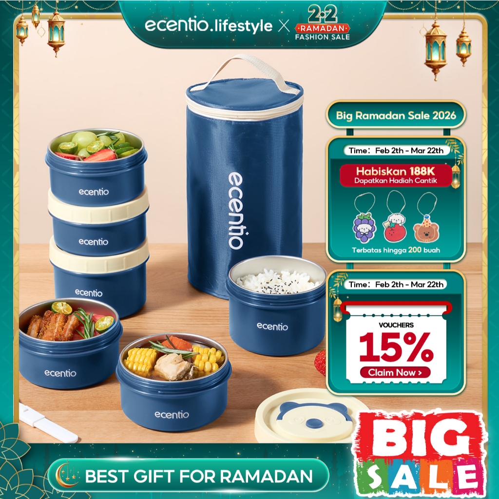 ecentio Tempat Bekal Makanan Tahan Panas Stainless Bekal Makan Set 3pcs Jepang Round Stainless Lunch