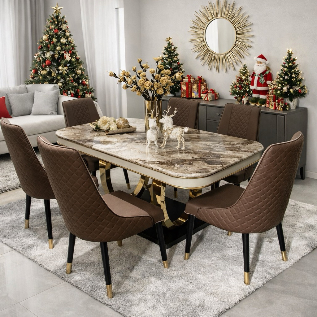 Meja Makan 6 Kursi Kaki Cincin / Meja Makan Kaki Stainless Bulat / Meja Makan Mewah Gold / Meja Maka