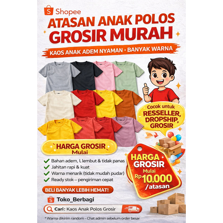 Atasan Anak Grosir Murah | Kaos Anak Polos Langsung Pabrik Random