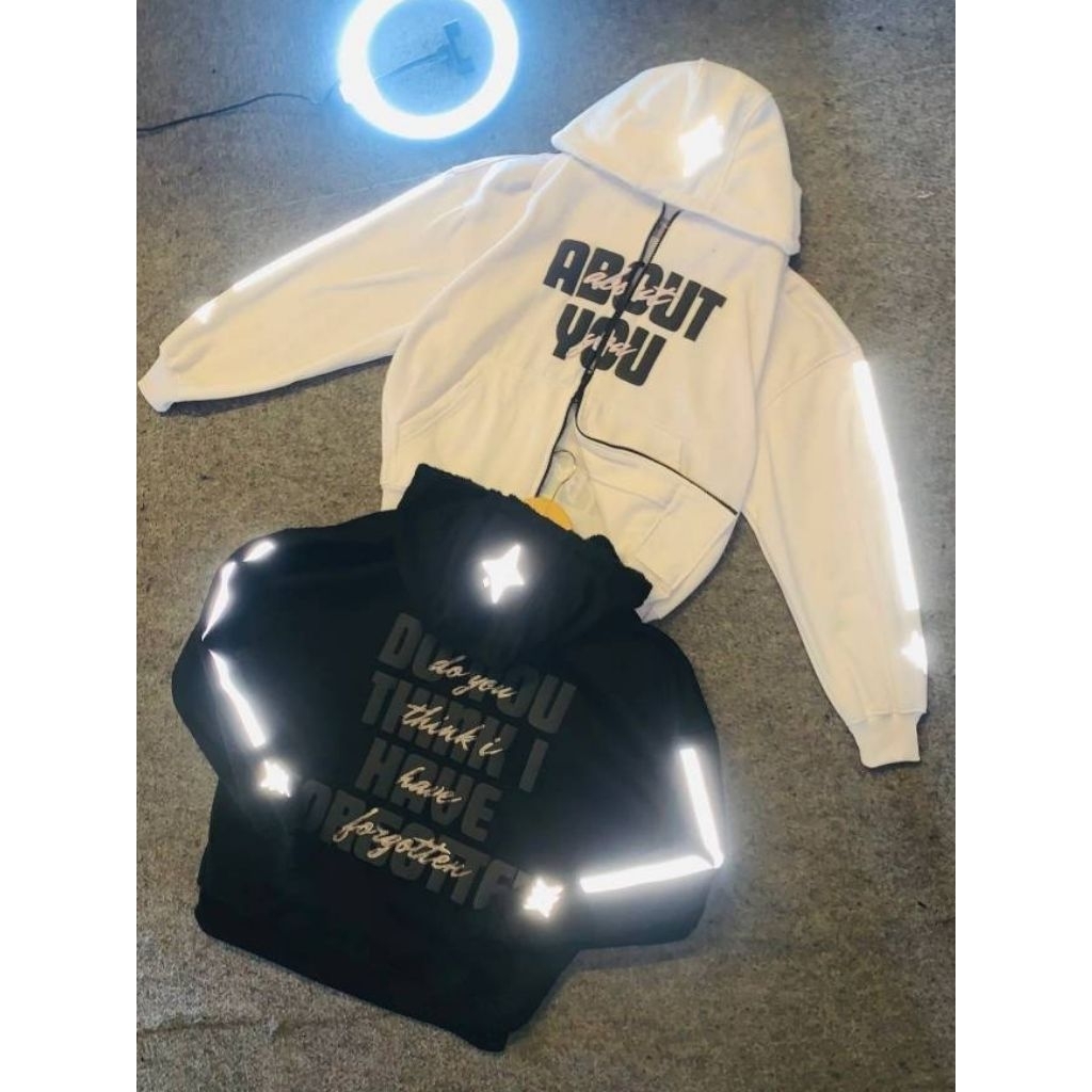 double Zipper Hoodie boxy about you warna hitam Zipper Hoodie oversize reflektif