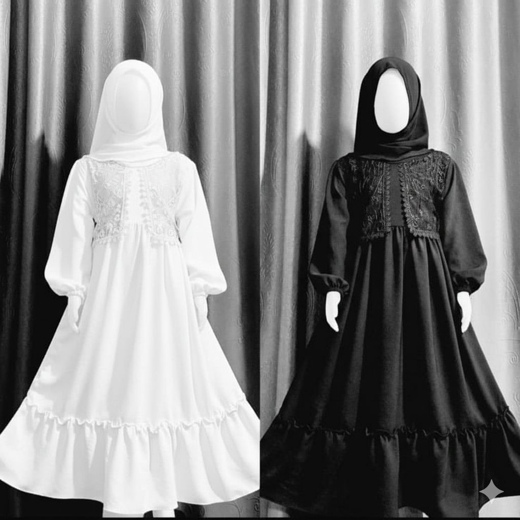 GAMIS MUSLIM ANAK PEREMPUAN BAHAN KRINGKEL MIX  RENDA DADA ,KHUSUS WARNA HITAM DAN PUTIH.