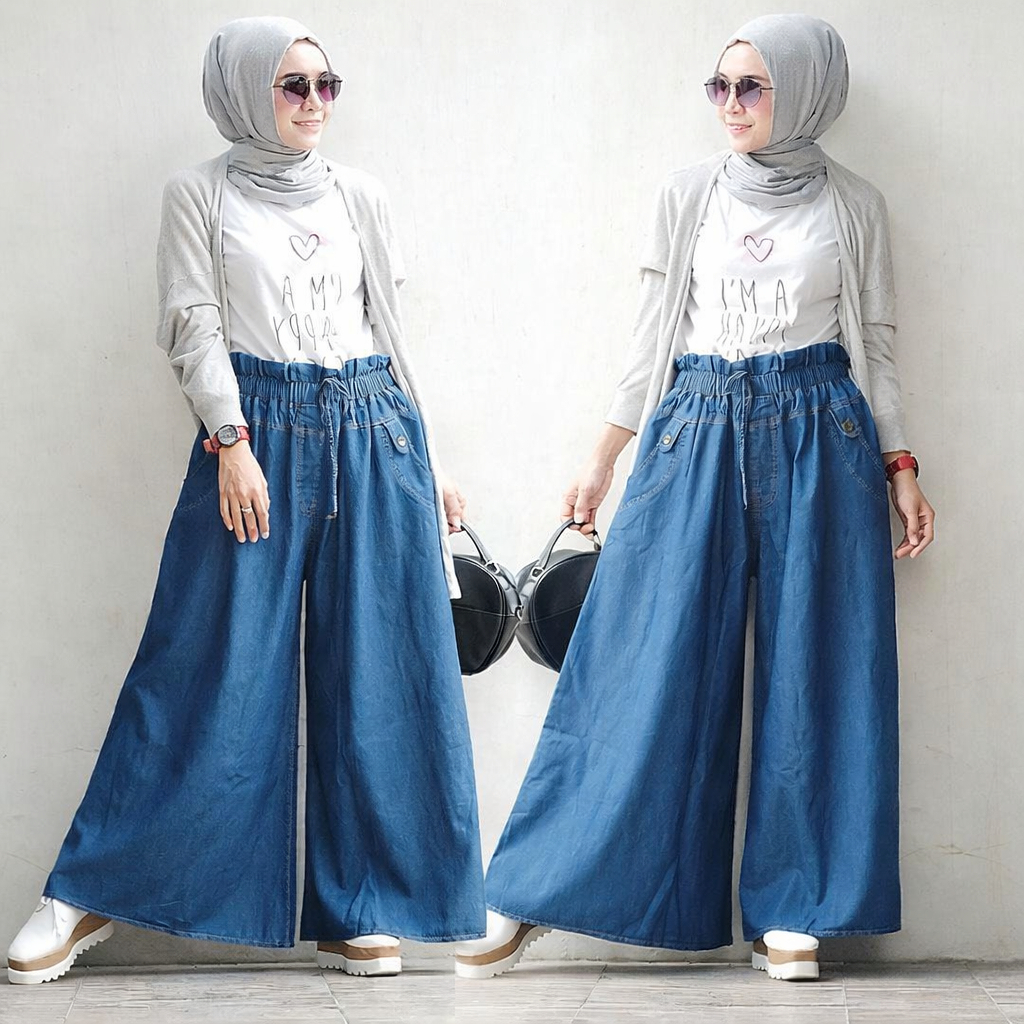 basic netro kulot payung jeans wash lebar premium original