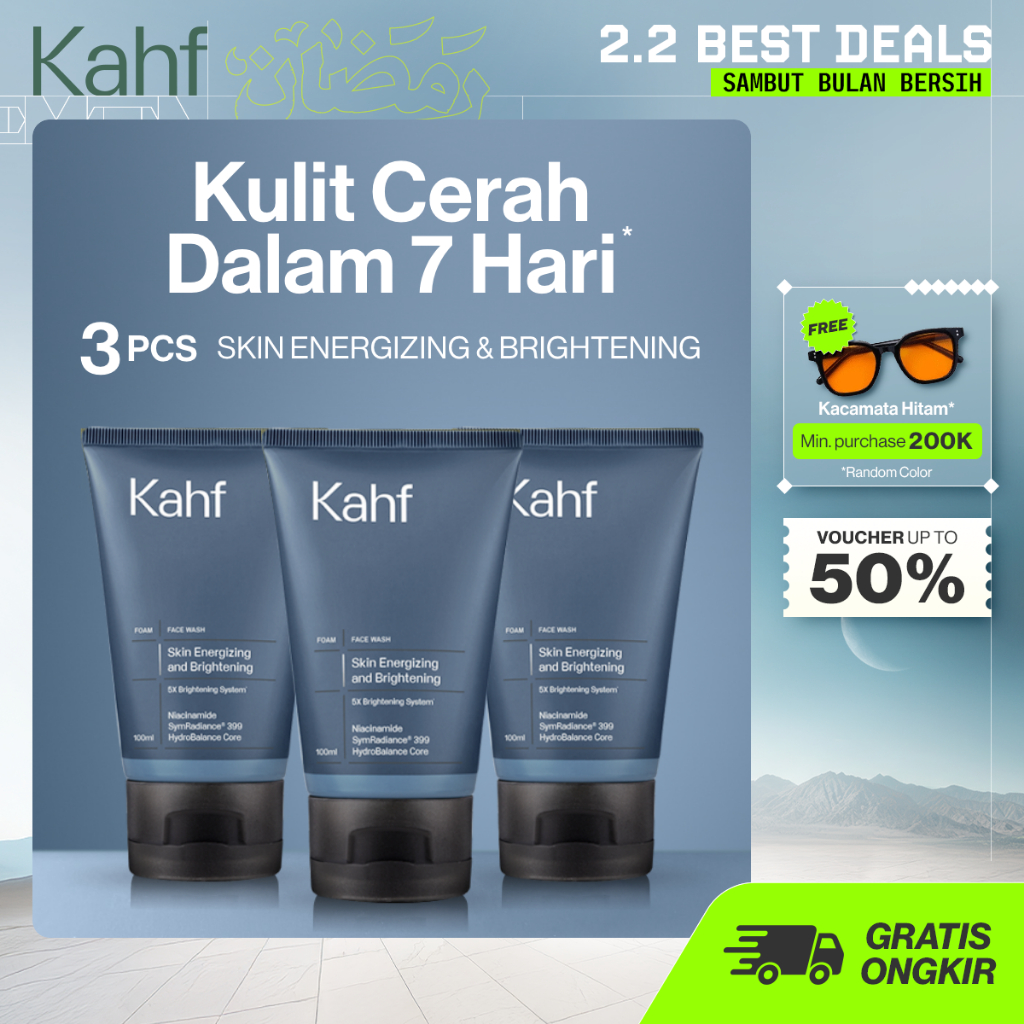 Triple Pack Kahf Face Wash Skin Energizing and Brightening 100 ml - 3 pcs Sabun Cuci Muka Pria Memba