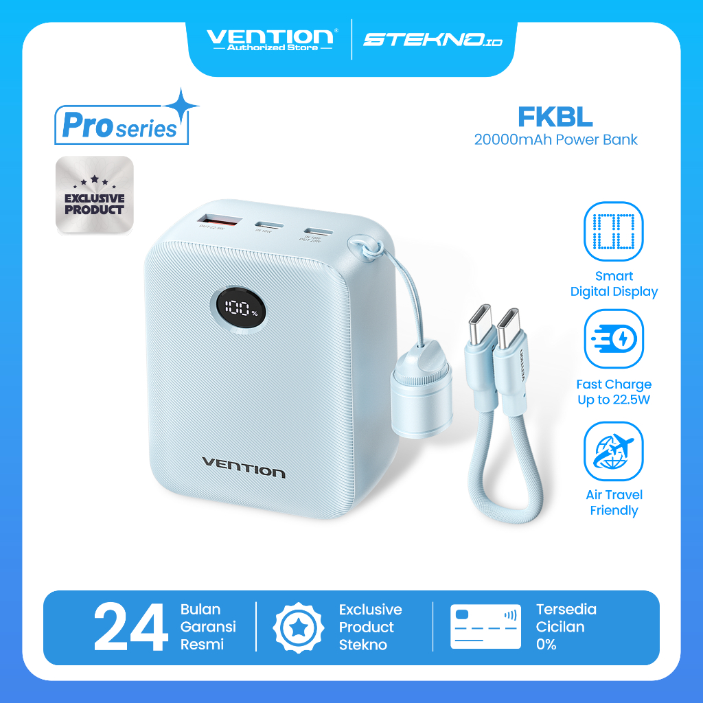 Vention Powerbank Pro Series 20000mAh 22.5W Built in Cable Fast Charging Dual Port USB-C USB-A for i