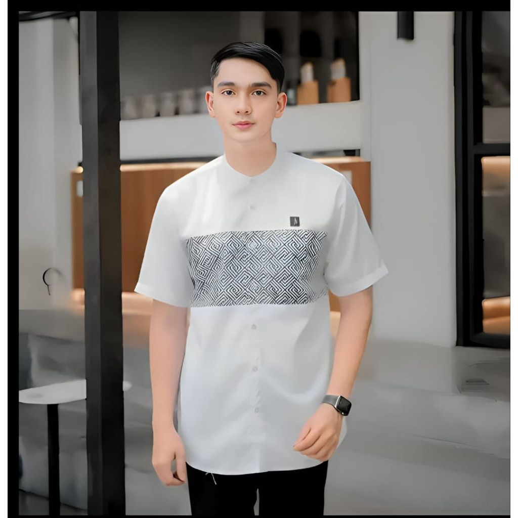 Koko Pria Remaja Motif Tenun – Baju Muslim Lengan Pendek Modern