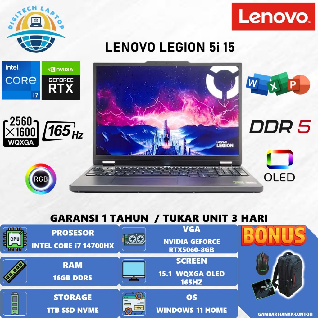 Laptop Lenovo LEGION 5i 15 Intel i7 14700HX 16GB DDR5 1TB RTX5060-8GB 15.1WQXGA OLED 165HZ RGB WIN11