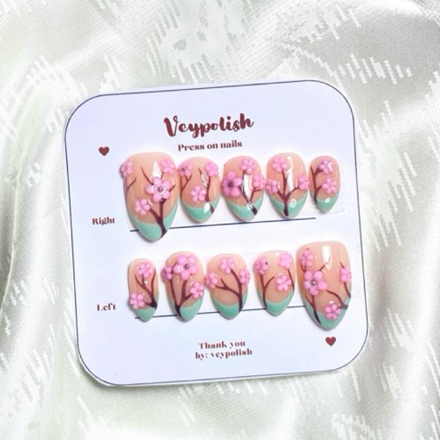 Veypolish | press on nails motif bunga jepang binga sakura | fake nail | press on nails | kuku palsu