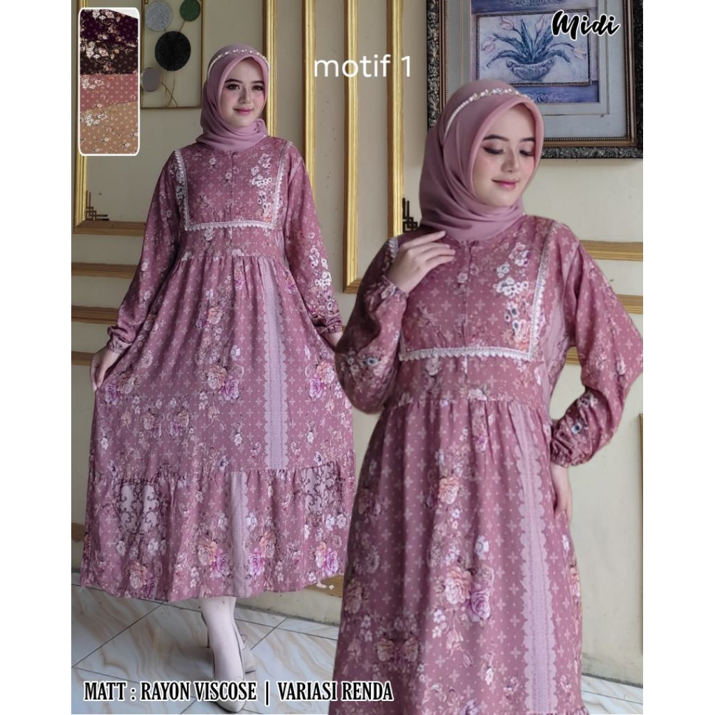 Midi dress Gaun tunik rayon diamond premium bunga kecil viral terusan midi dress busui friendly dres