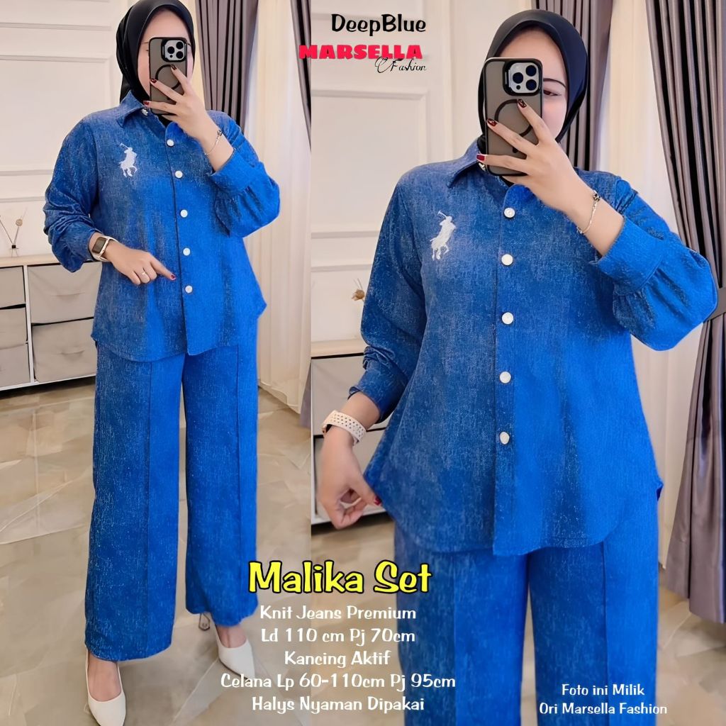 MALIKA SET PAKAIAN SETELAN WANITA DEWASA TERBARU BAHAN KNIT JEANS LD 110 BY MARSELLA