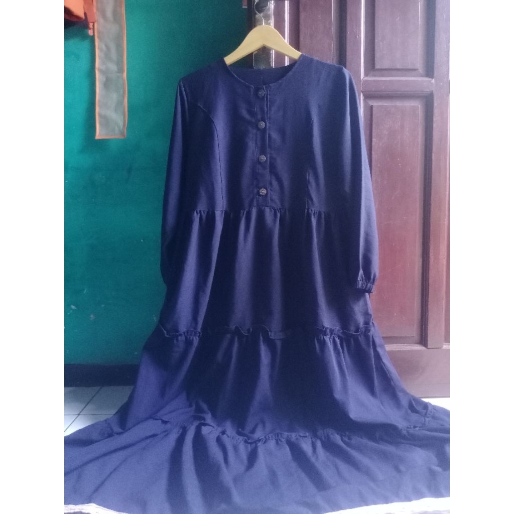 Gamis ruffle dongker/biru navy wanita