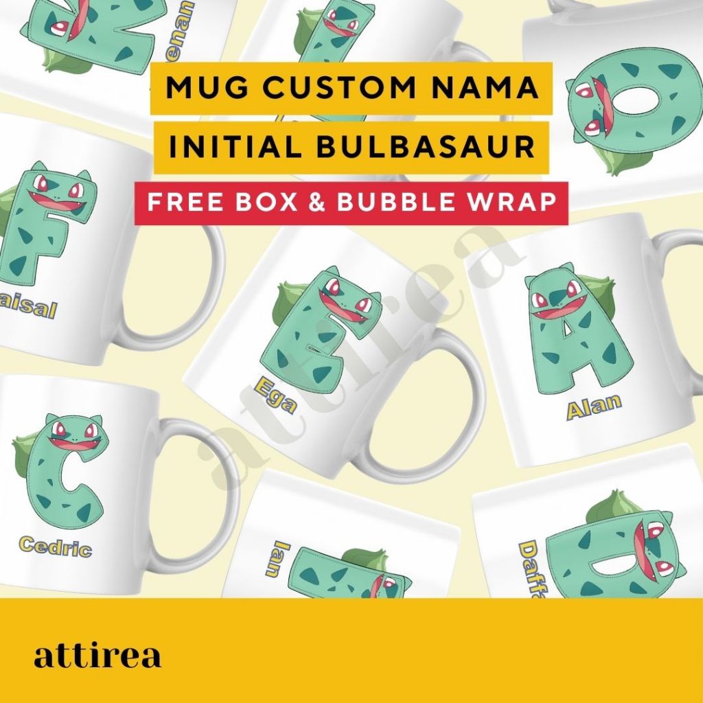 Mug Custom Inisial Nama - Bulbasaur | Souvenir Kado Hadiah Unik Karakter Personalisasi