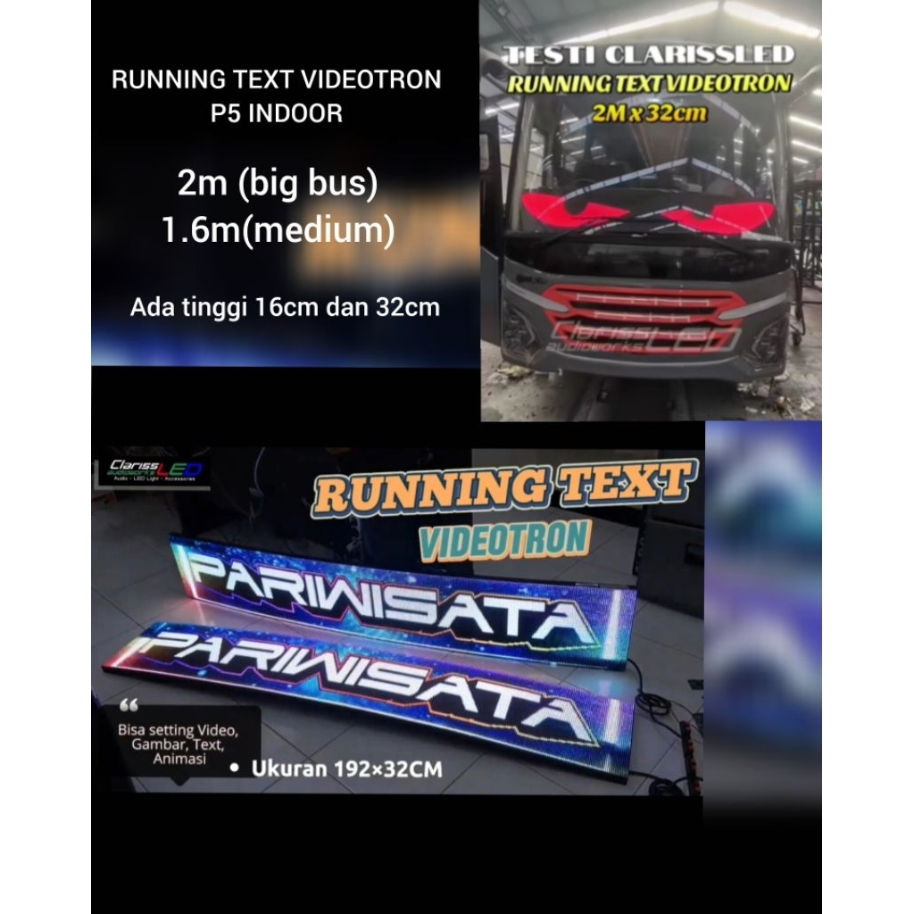RUNNING TEXT VIDEOTRON KACA DEPAN BUS MEDIUM & BIG BUS P5 INDOOR  tinggi 16cm & 32cm