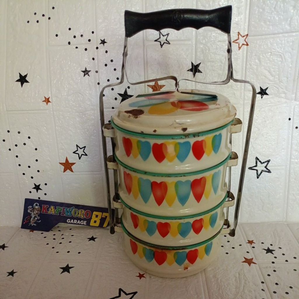rantang enamel vintage empat susun motif hati warna warni