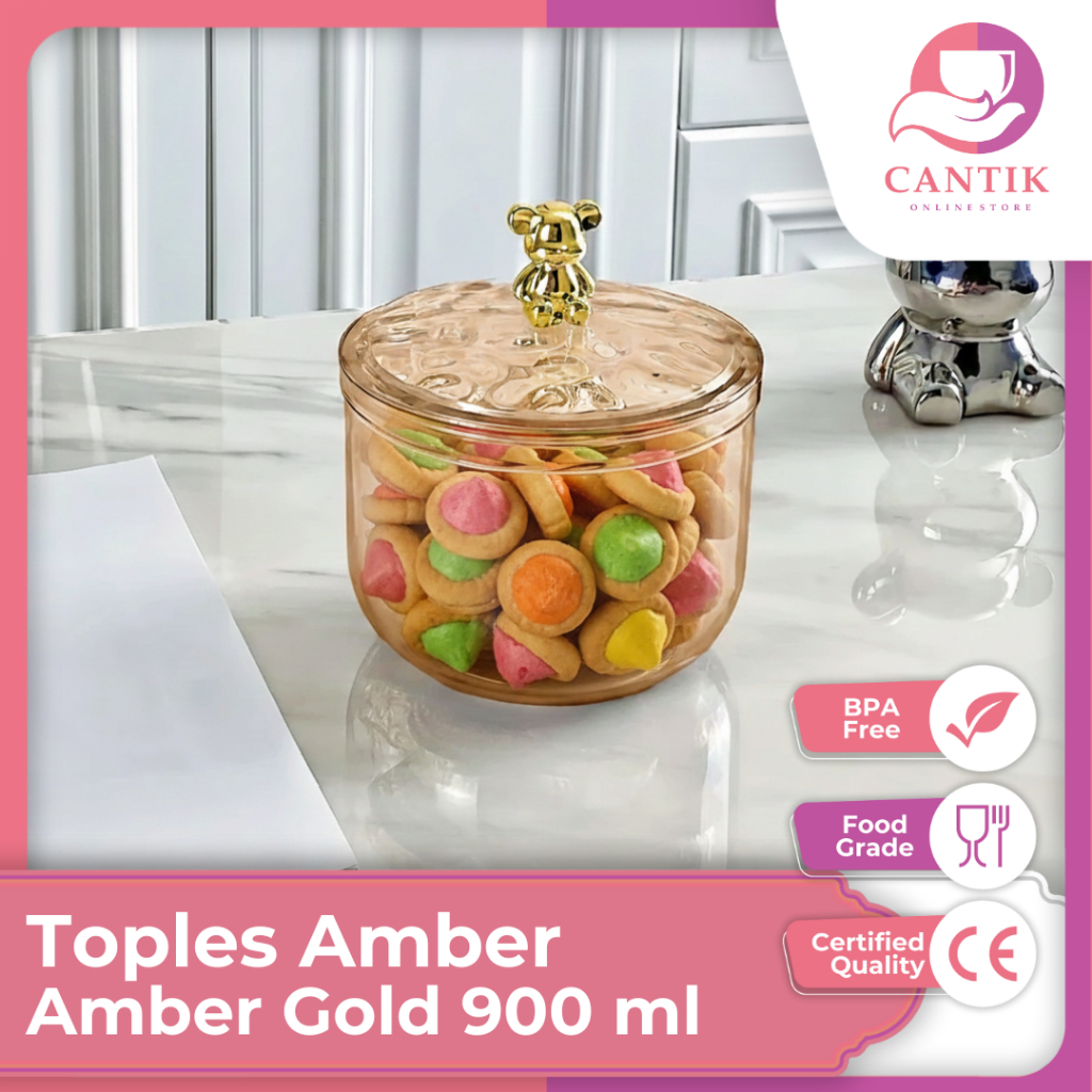 Toples Kue Plastik Bening Lebaran Aesthetic Amber Gold – Beruang Bulat Tutup Rapat Kapasitas Besar T