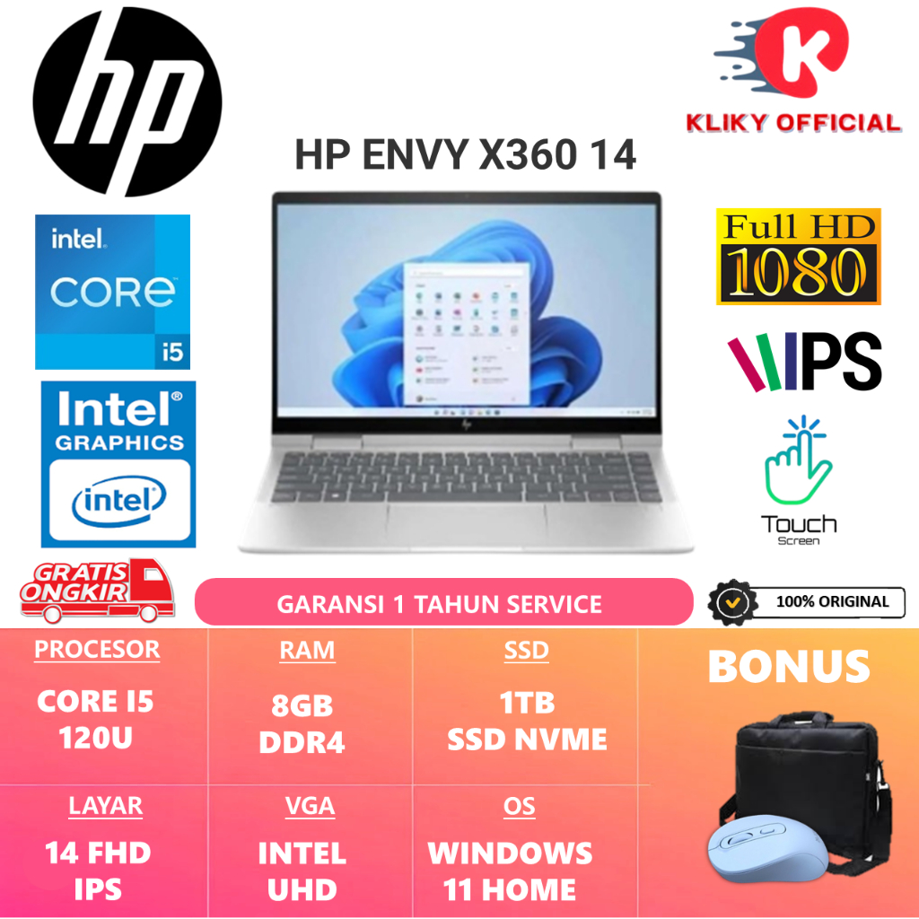 Laptop Tipis Hp Envy X360 Intel Core 5 120U Ram 8Gb DDR5 Ssd 1TB Silver New