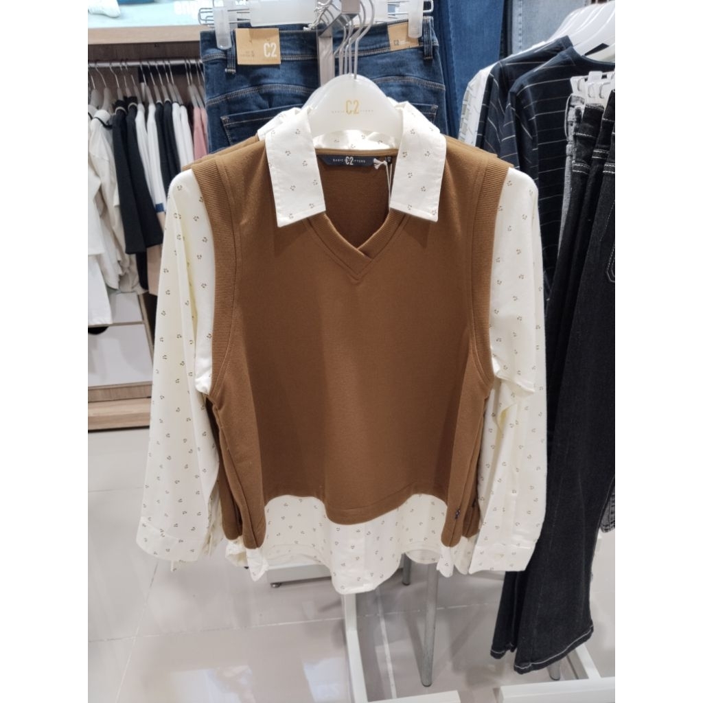 blus wanita c2 katun coklat lengan panjang