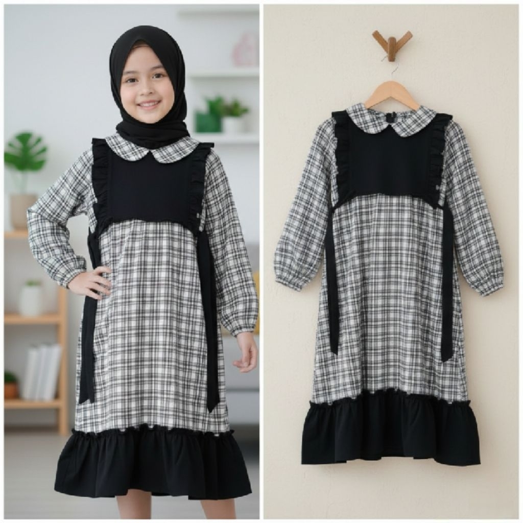 Gamis Konveksi Anak Hitam Kotak + Hijab Instan