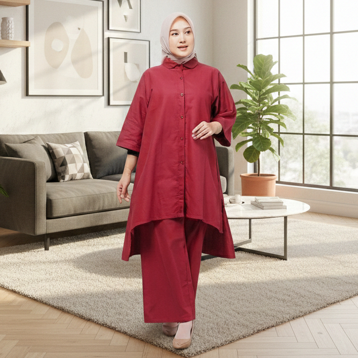 Titan One Set 2in1 Setelan Kemeja Tunik + Celana Kulot Wanita Busui Bahan Katun Linen Rami Jumbo