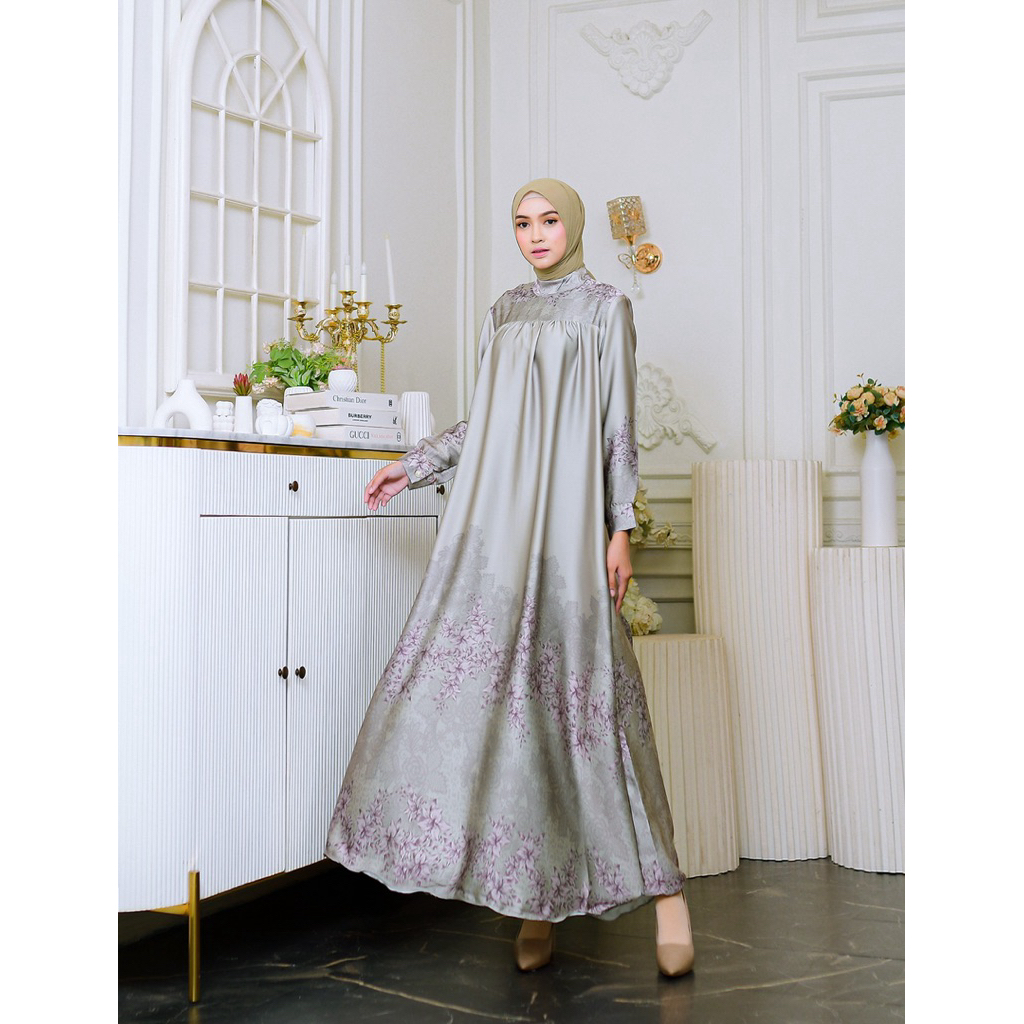Gamis Humaira Rempel Wanita Muslimah Dress Panjang Elegan & Nyaman Bahan Stela Satin by Fabiana