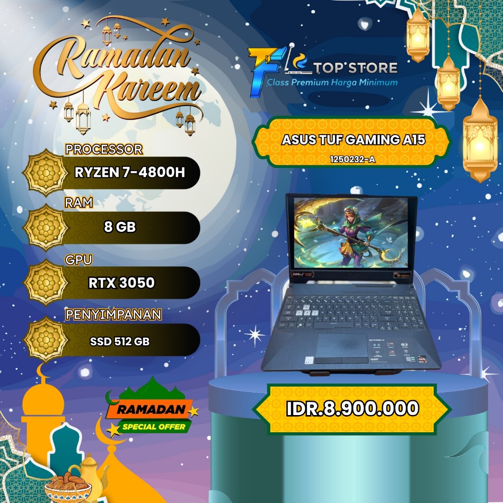 LAPTOP ASUS TUF GAMING A15 AMD RYZEN 7-4800H SSD 512/8GB-RTX 3050 4GB
