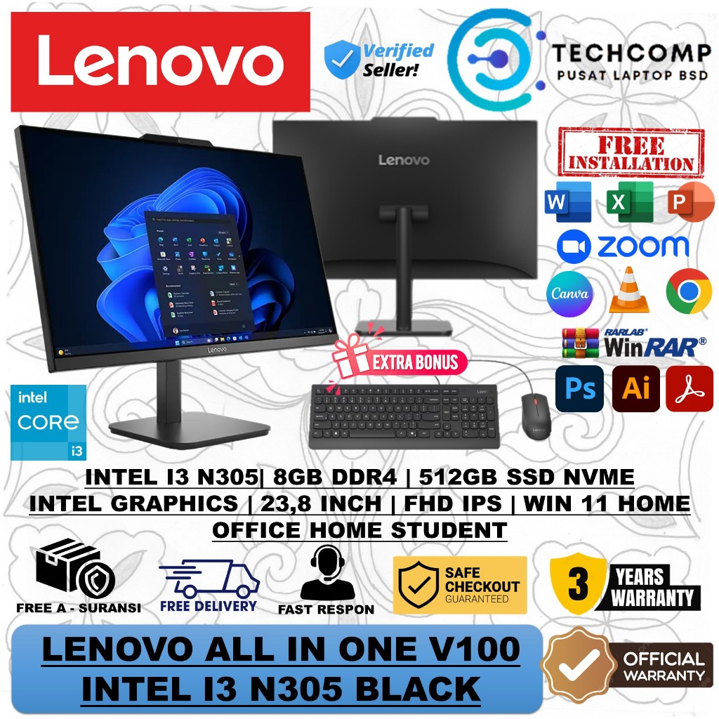 Komputer Desktop All-in-One Lenovo V100 INTEL I3 N305 16GB 512GB SSD 24" FHD IPS W11 BLACK+OHS RESMI