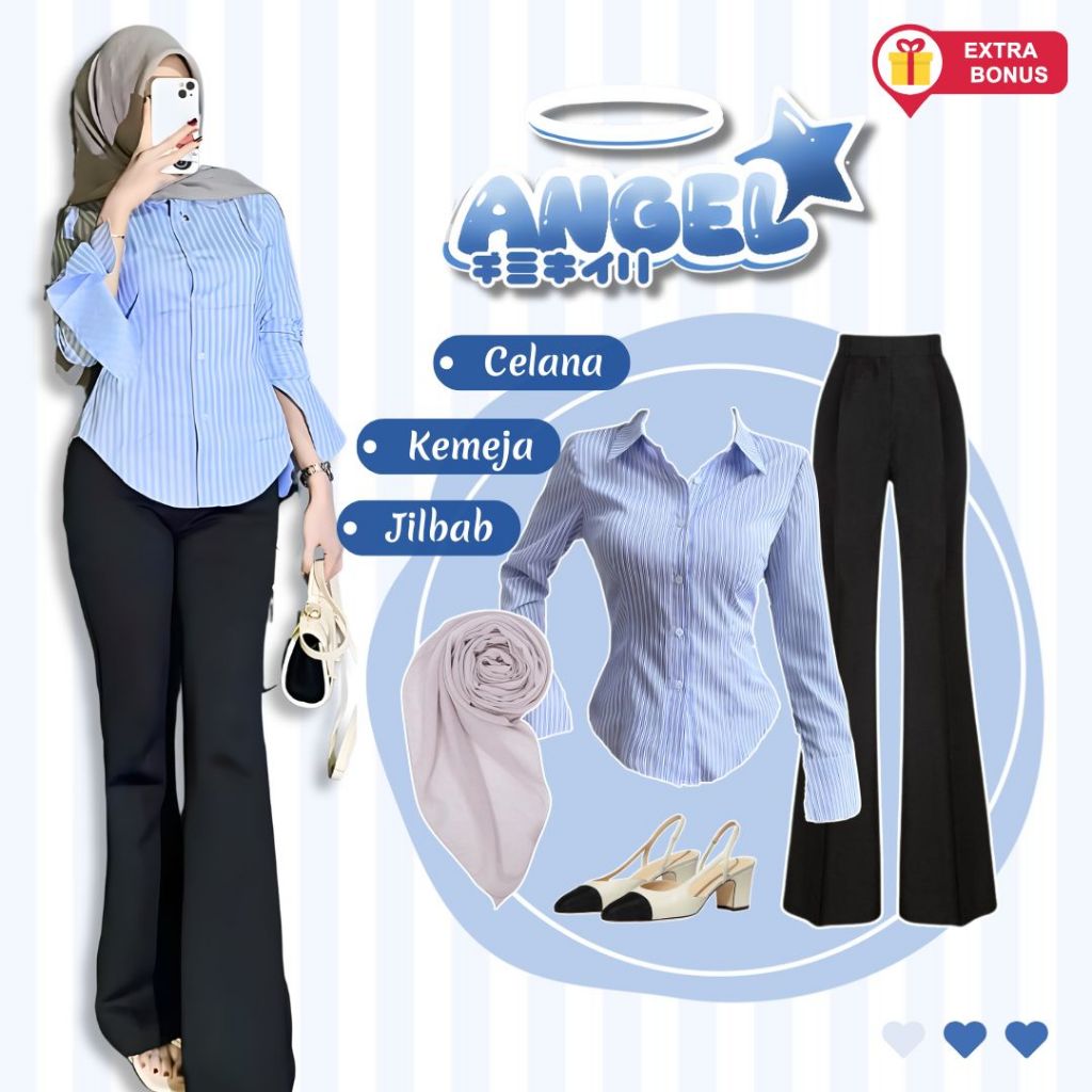 Oneset 3in1 kemeja salur fitted fit body celana cutbray hightwaist scuba hijab segi empat | outfit w