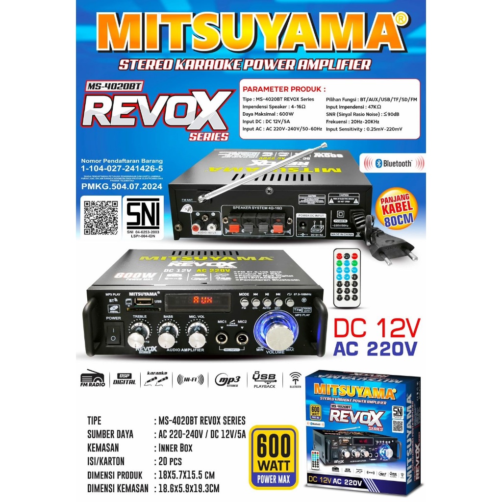 GRATIS ONGKIR~Power Amplifier Pengeras Suara Stereo Karaoke | MITSUYAMA MS-4020BT REVOX , Daya 600Wa