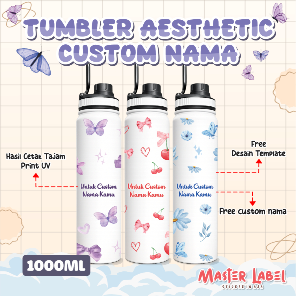 Tumbler Custom Nama Aesthetic Jumbo 1 Liter | Botol Minum Kado Souvenir Unik