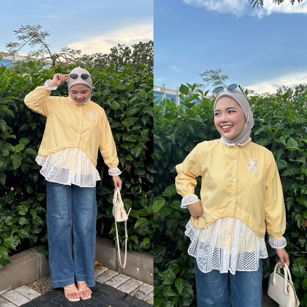 Blus Brokat Wanita Lengan Panjang Model Korea dengan Kancing Depan