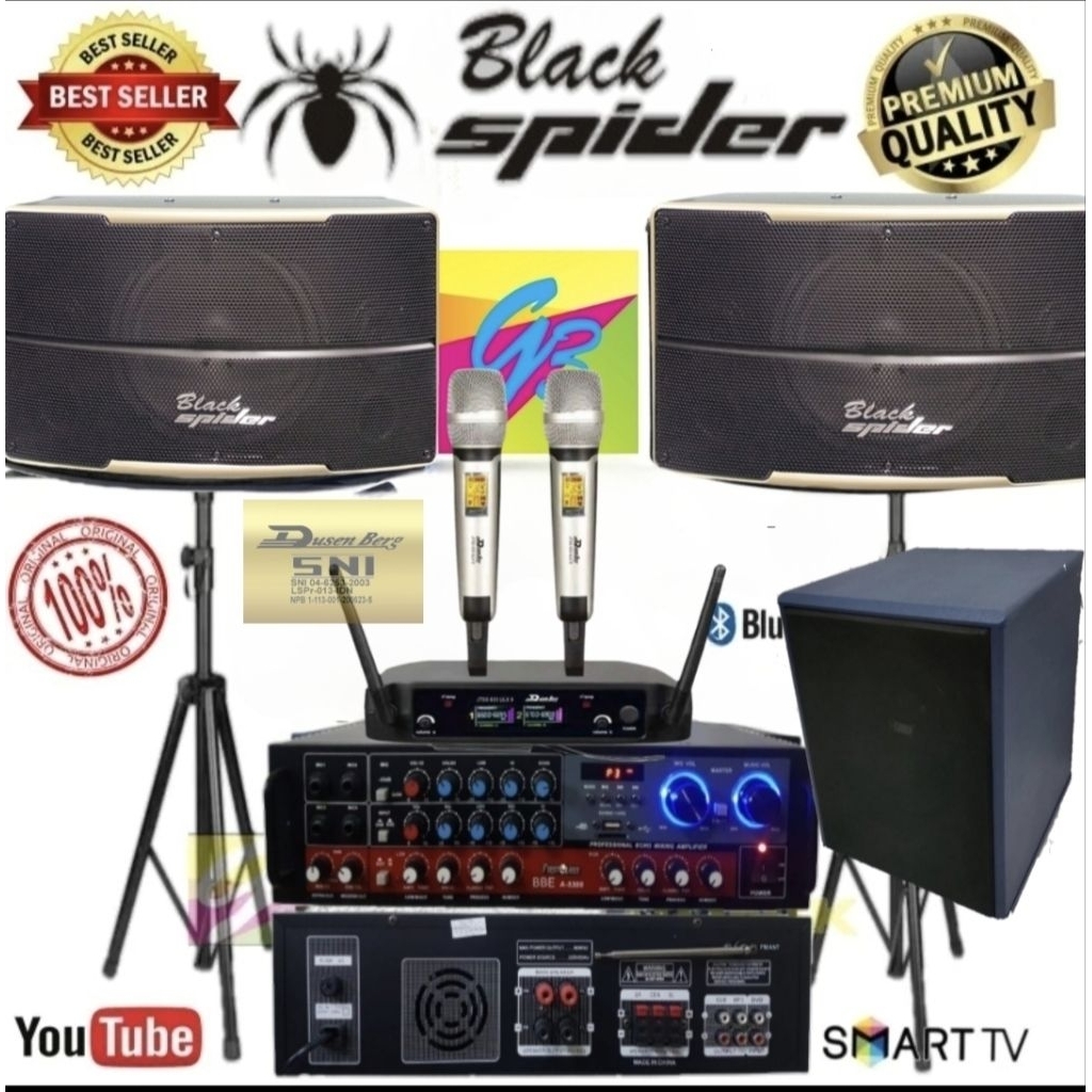Paket Karaoke Speaker 10 inch blackspider 500 watt Usb Bluetooth Subwoofer Aktif 12"Original