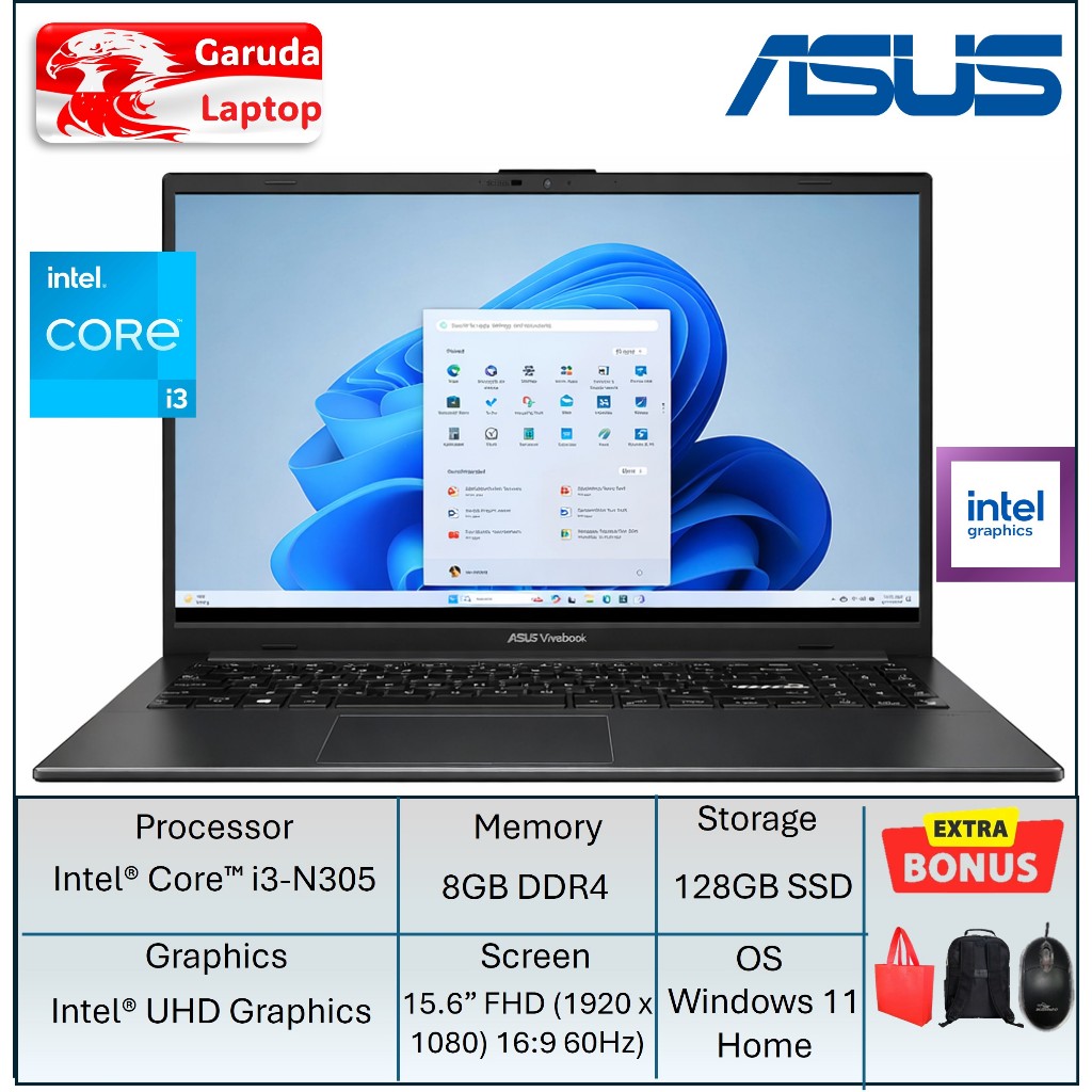 Laptop Kerja Asus Vivobook Go 15 Intel Core i3 8GB 256GB 15 inch Full HD IPS Windows 11 Home