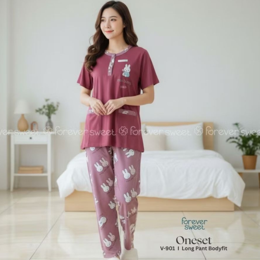 FOREVER SWEET Concept Baju Tidur Babydoll Setelan Piyama One Set CP Celana Panjang  Body Fit Bodyfit