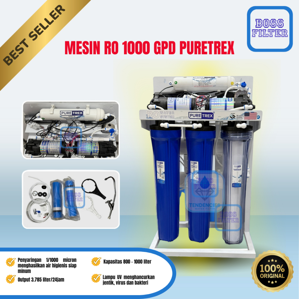 Mesin RO 1000 GPD Puretrex Reverse Osmosis Depot Air Minum Isi Ulang Kapasitas Besar