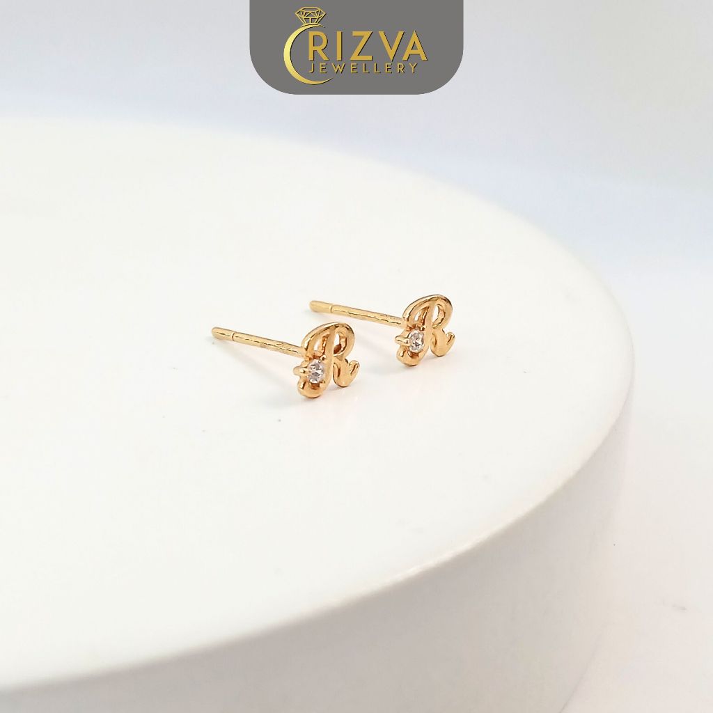 Anting Tusuk Permata Huruf R Simple Eegan Gold 8K - Toko Emas Rizva Jewellery