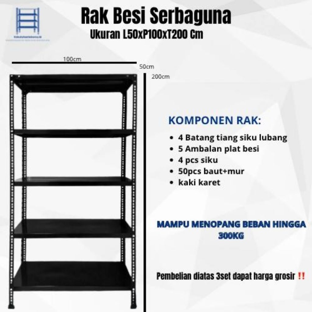 Rak Besi serbaguna 5 susun 50x100x200cm kaki karet