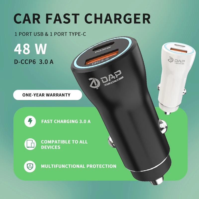 DAP D-CCP6 Car Charger 48 Watt ( PD 30 Watt QC 3.0A Dual Port USB & Type C ) Fast charger