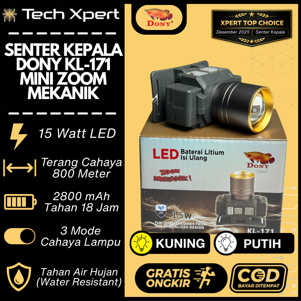 SENTER KEPALA LED DONY 15 WATT KL-171 "MINI ZOOM MEKANIK" ORI ANTI AIR TAHAN LAMA OUTDOOR
