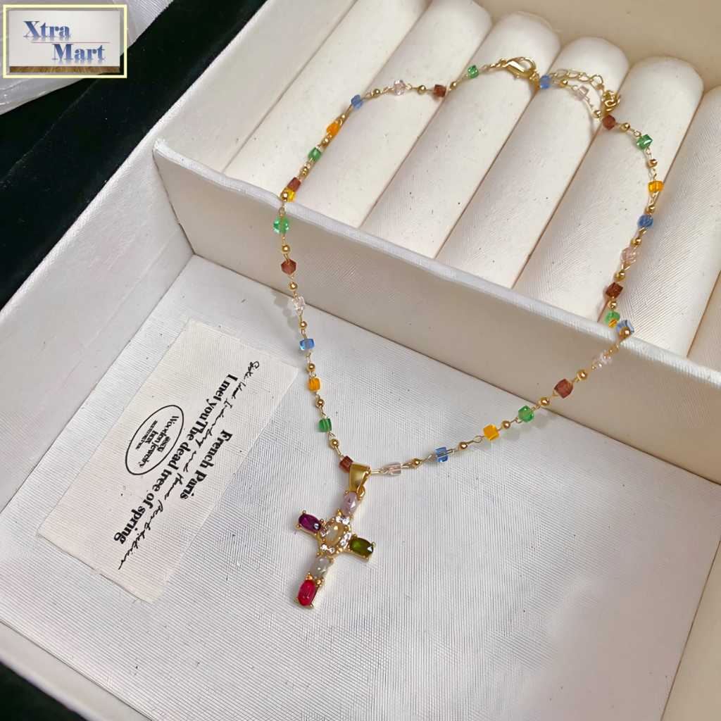 XM - Kalung Liontin Salib Rainbow Kristal Kalung Salib Aesthetic Colorfull