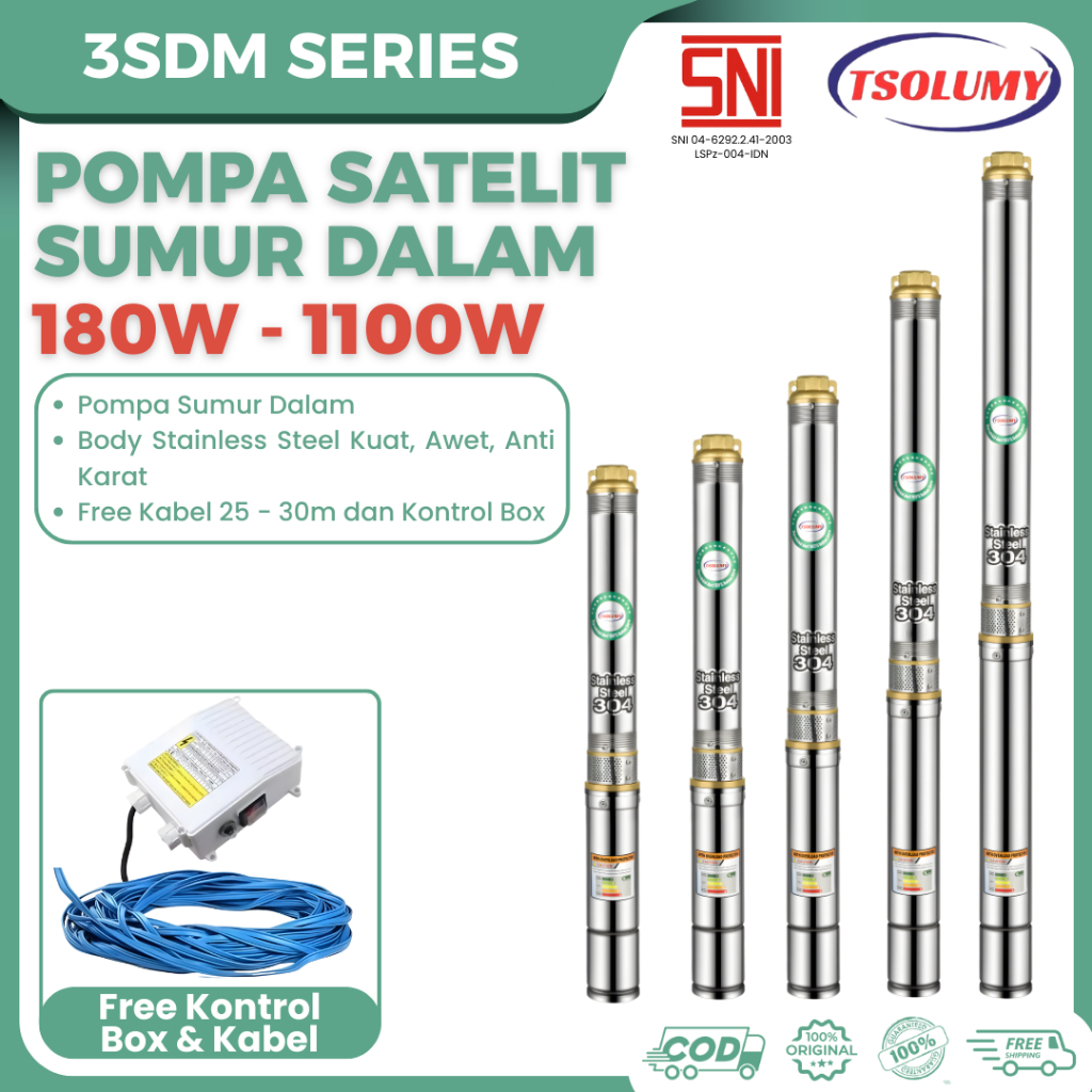 Tsolumy Pompa Air Satelit  Pompa BOR 3SDM Series 250–1100 Pompa Sumur Dalam Stainless Steel 304