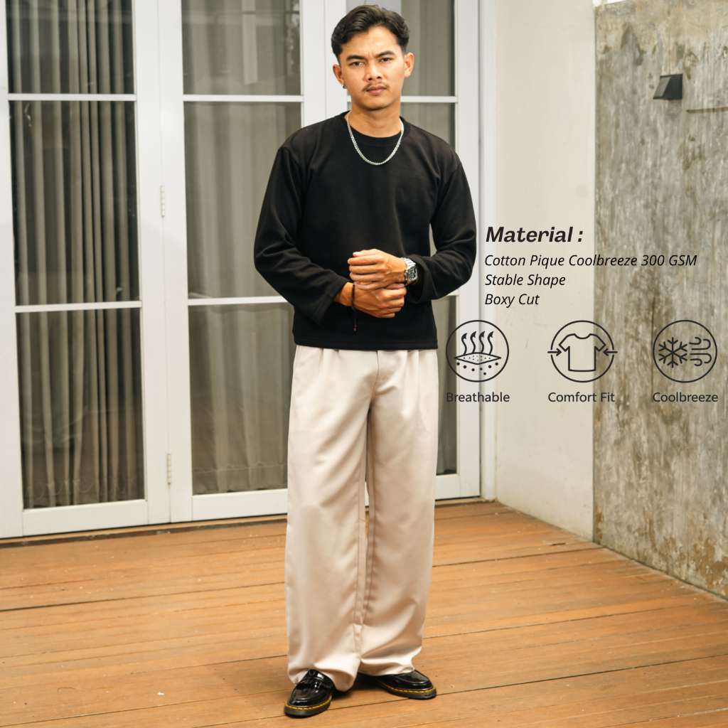 BOZRVK Basic Longsleeve Boxy Cut - Double Knit 300 GSM - Kaos Lengan Panjang Hitam Polos