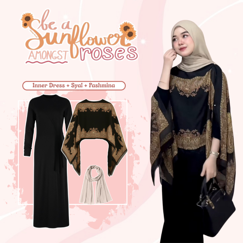 Set Outfit Wanita 3in1 Inner Dress Rib Knit Premium + Syal Sutra Batik + Pashmina Ceruty Baby Doll /
