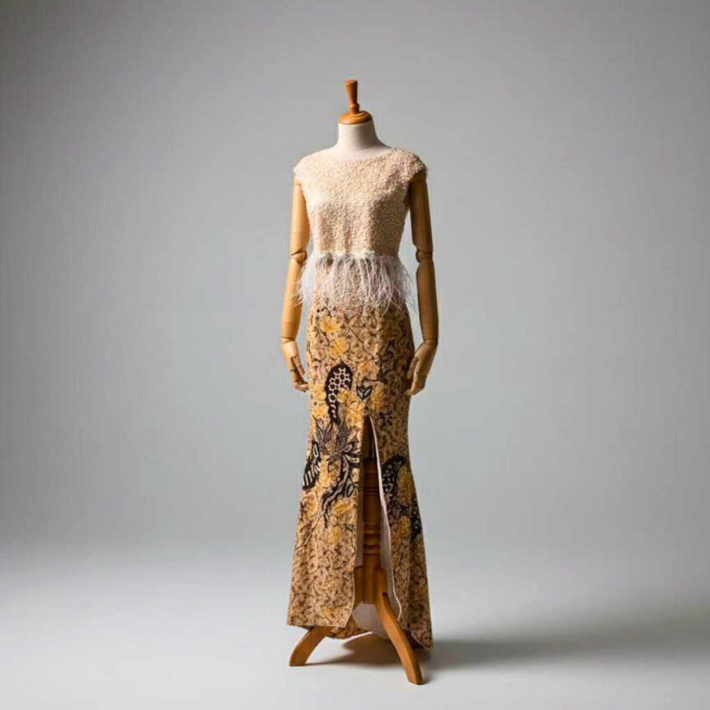 Kebaya Wisuda Beige dengan Hiasan Bulu & Rok Batik - Sewa Kebaya Formal Graduasi | Melati Tengker Ke