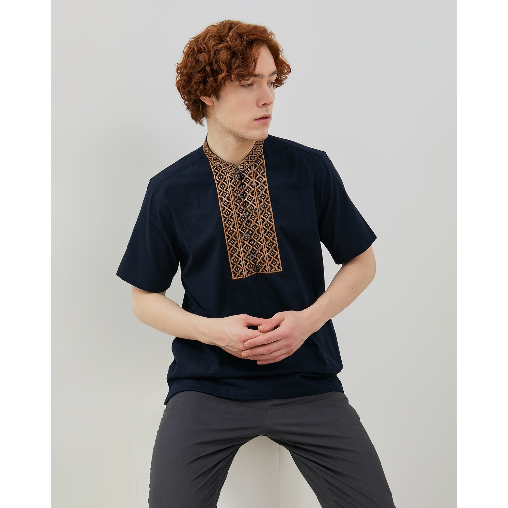 VALINO Kemeja Koko Lengan Pendek Embroidered Biru Pria - V-ECEB05-M9