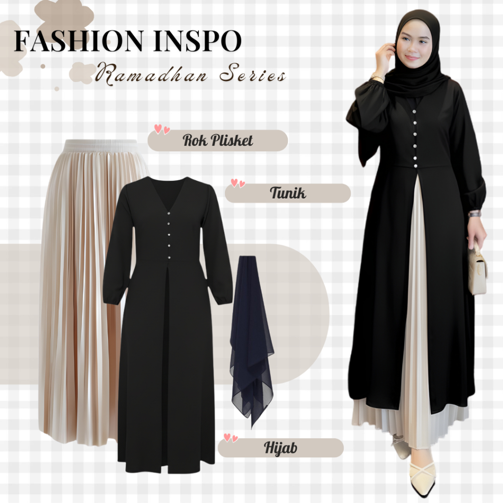 One Set Wanita Lebaran Simpel ( Tunik + Rok Plisket + Hijab ) Setelan Ootd Bukber Ramadhan Series Re