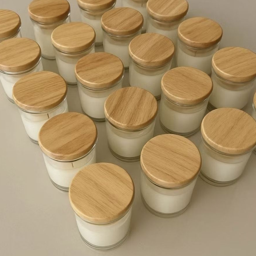gelas lilin tebal toples kaca dengan tutup kayu