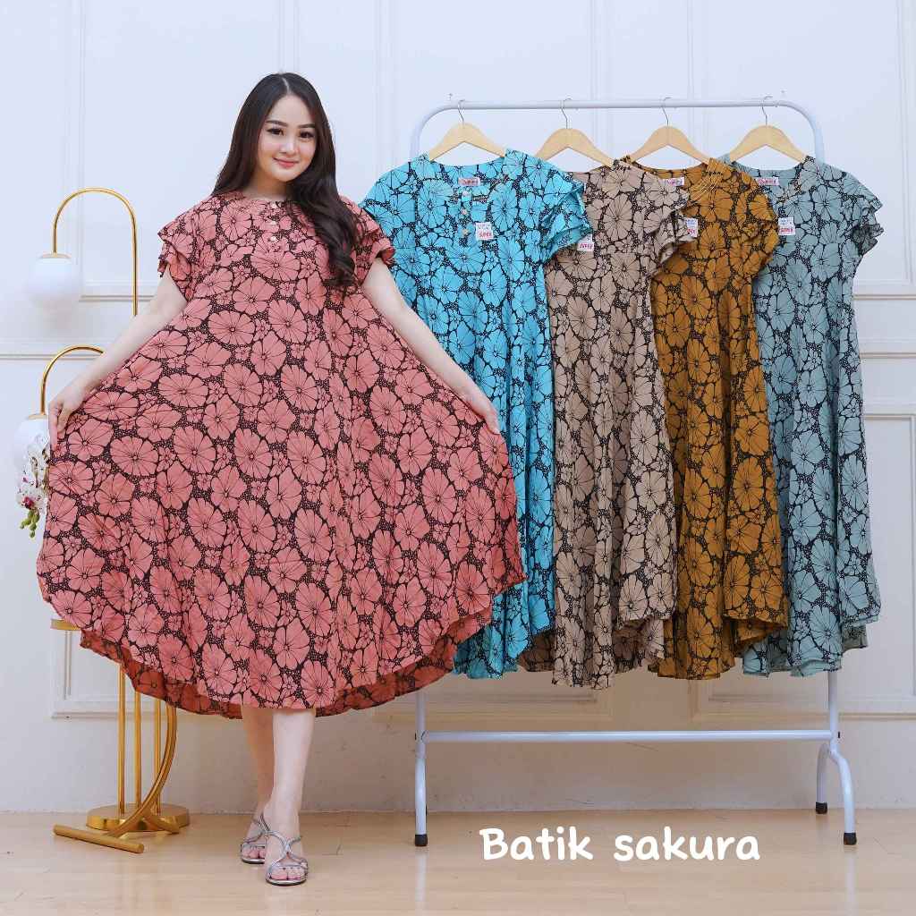 Daster Payung Jumbo Helena Motif Printing Batik Sakura Pekalongan Baju Dress Rayon Panjang Kancing P