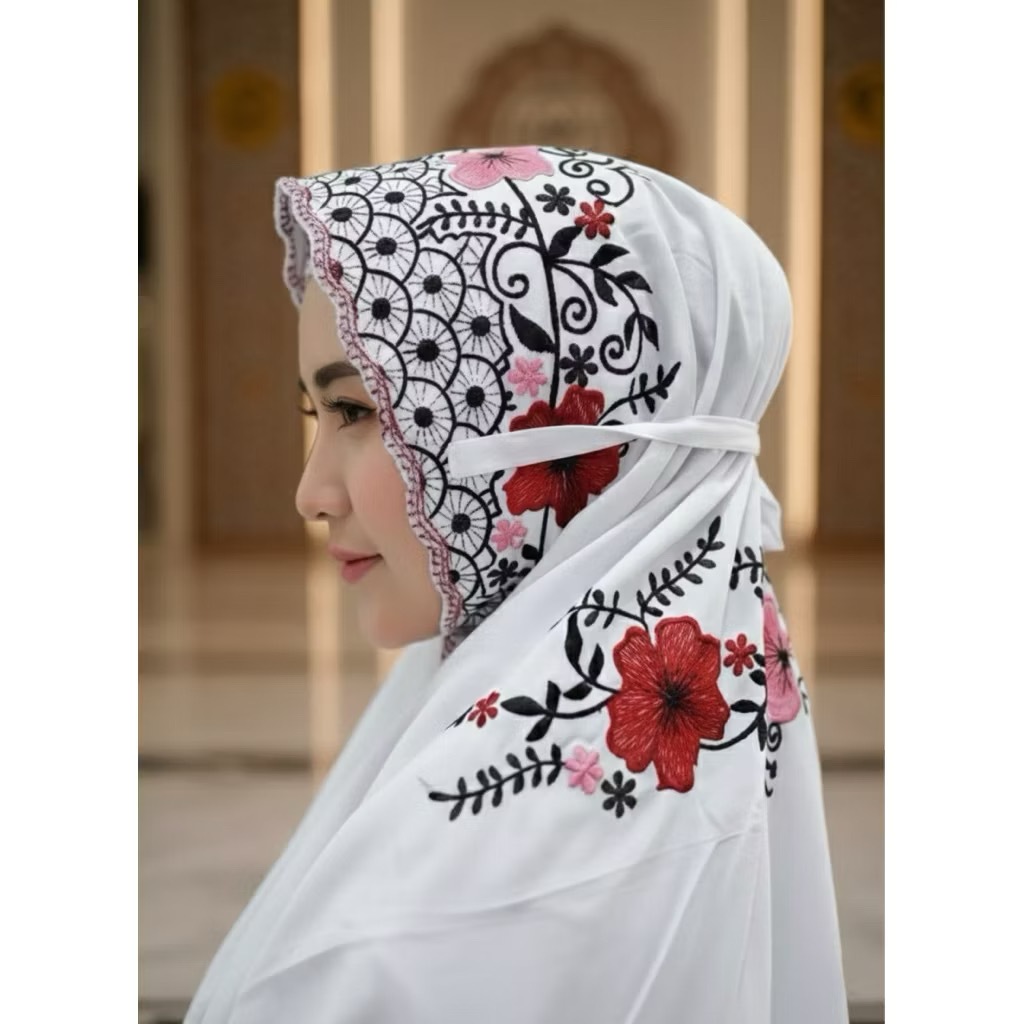 MUKENA DEWASA TERUSAN PUTIH PANJANG LAJURAN MOTIF BORDIR BUNGA KAIN KATUN POLINO MIKRO NYAMAN | MUKE