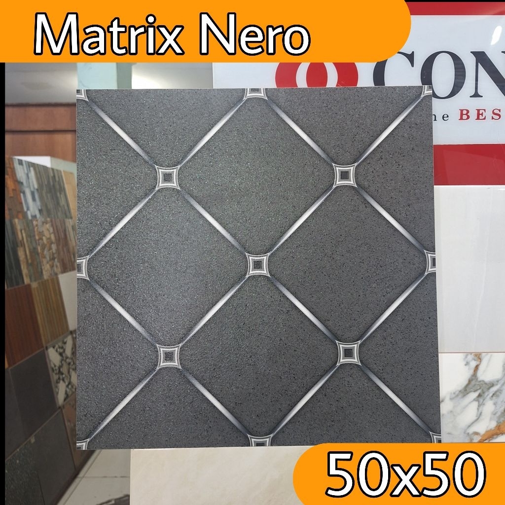 Keramik lantai 50×50 murah ICARUS Matrix Nero motif batu alam keramik lantai garasi, carport