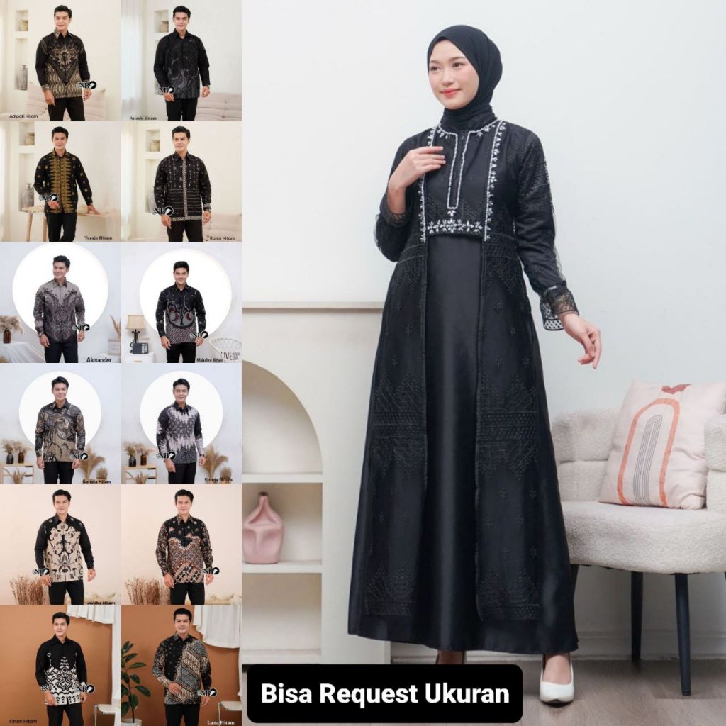 SET ANISA DRESS HITAM ORI COUPLE KEMEJA PREMIUM / CUSTOM ANAK & JUMBO / BAJU SERAGAM BATIK PASANGAN 